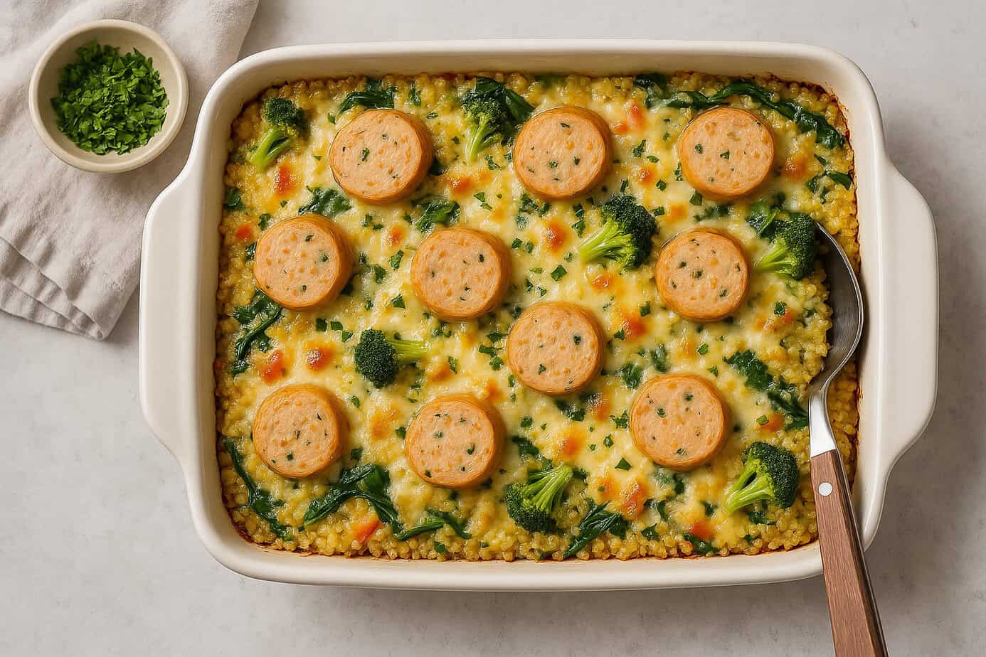 Baked chicken sausage quinoa casserole with cheese, vegetables, served in ceramic baking dish.