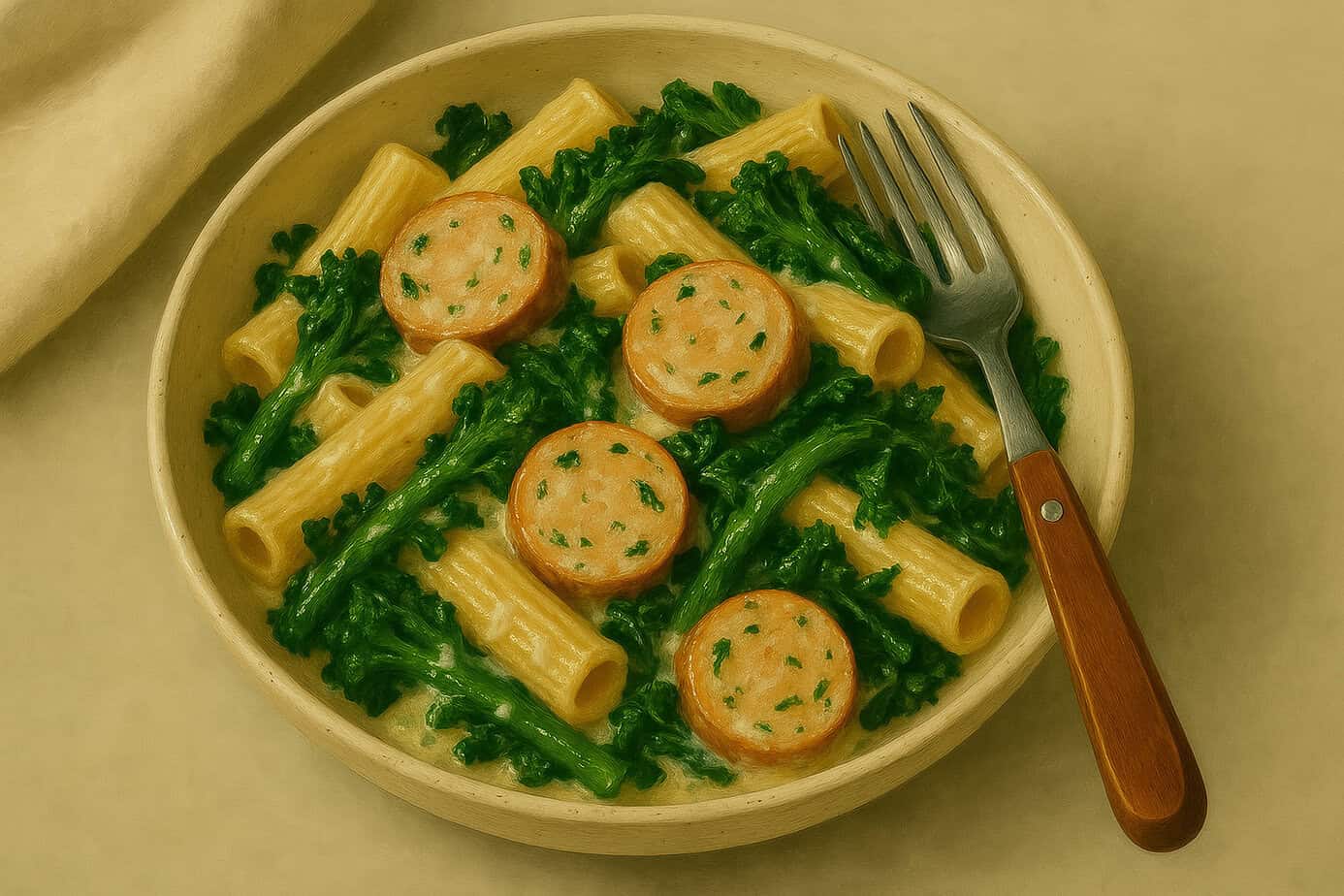Creamy chicken sausage pasta with broccoli rabe, swirled in a bowl with a fork.