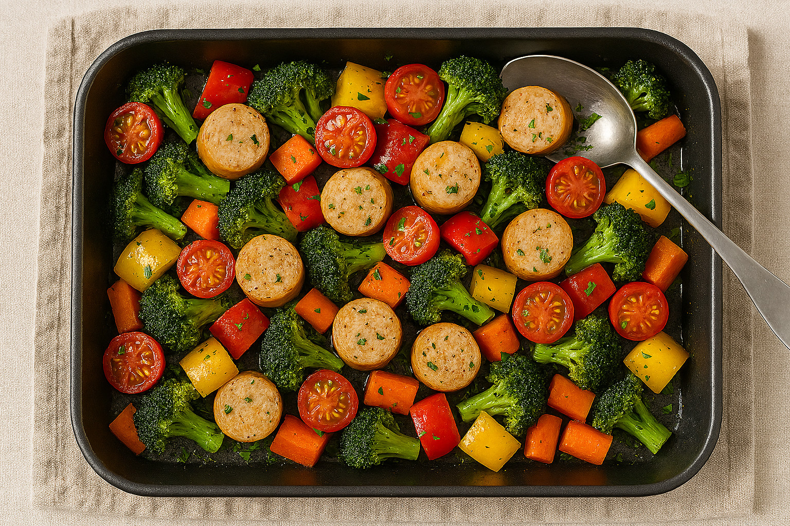 Chicken sausage and vegetables roasting together in one pan, golden and perfectly seasoned.