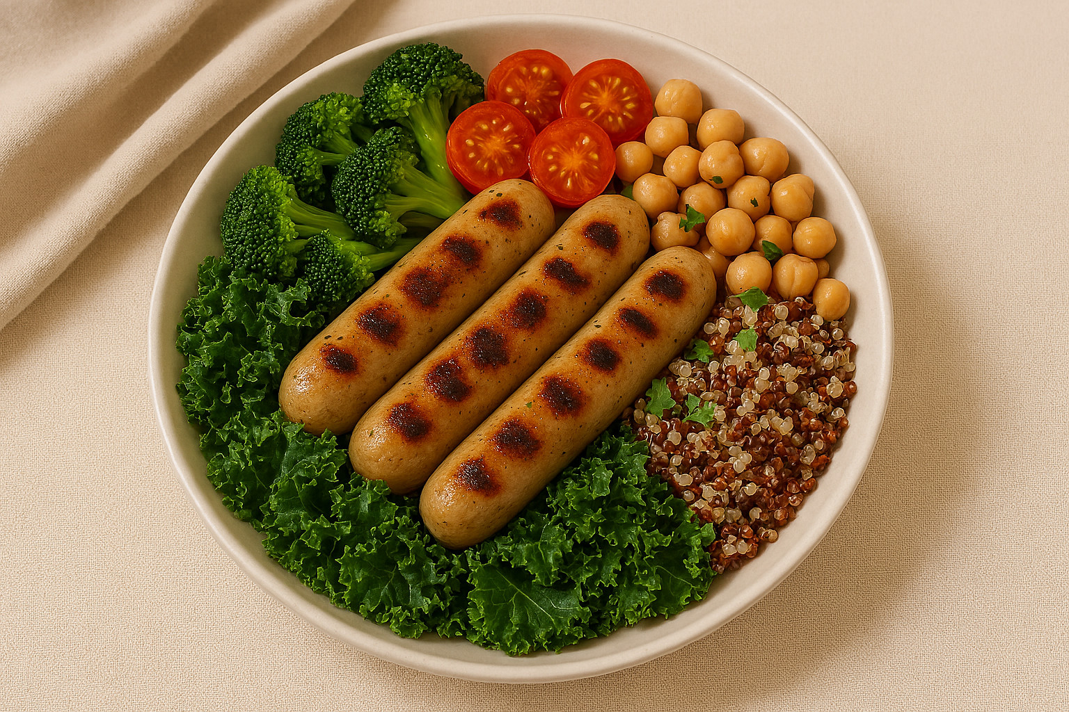 Chicken sausage bowl with quinoa, vibrant vegetables, and herbs in a wholesome presentation.