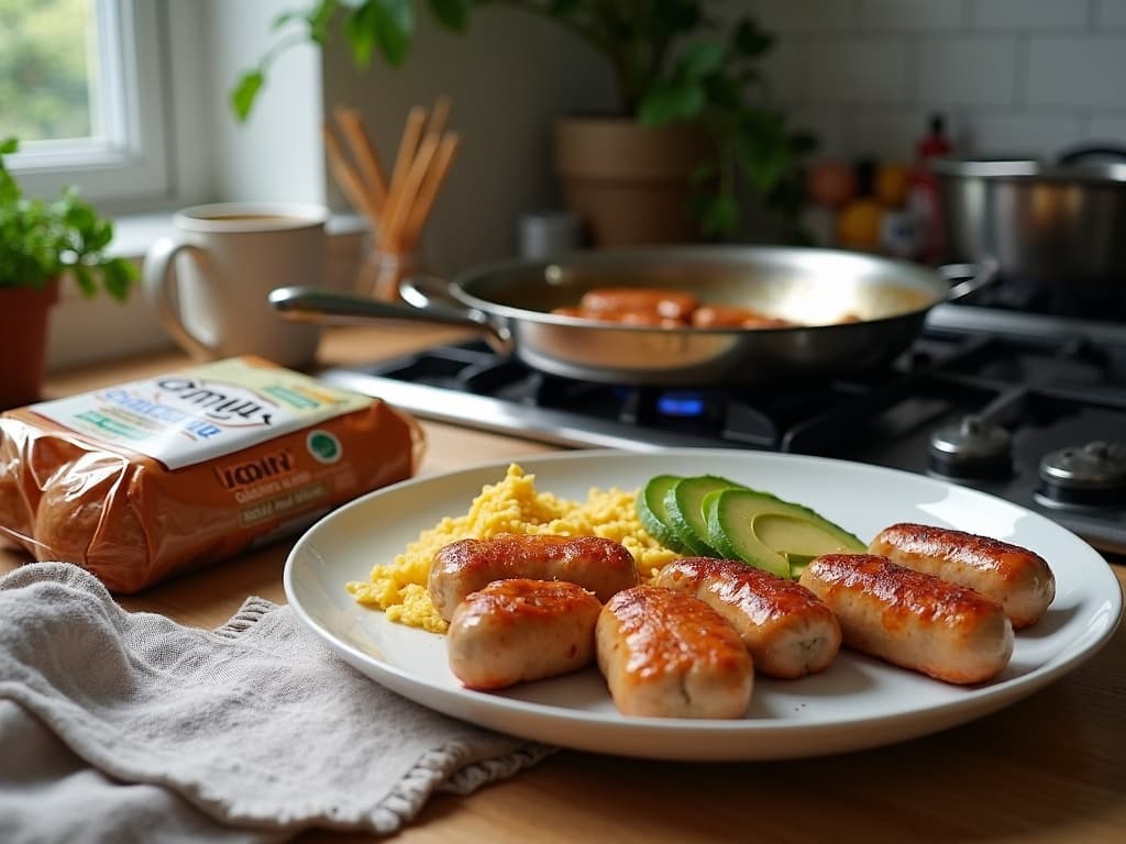 “Savory sausages, creamy scrambled eggs, and fresh avocado slices make a hearty and delicious breakfast plate”.