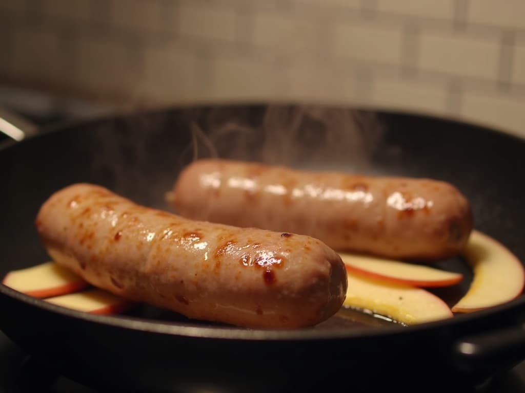 “Chicken sausages sizzling in a pan with apple slices, highlighting their flavor, health benefits, and popular picks”.