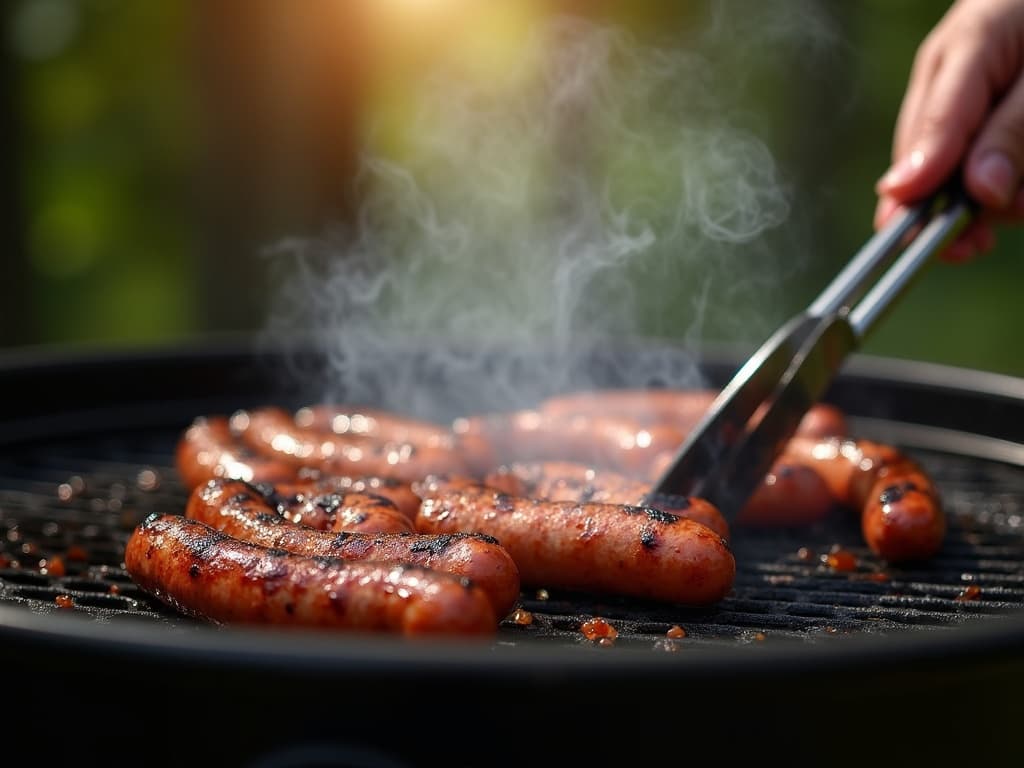 “Grilling chicken sausages with smoke rising, showcasing healthy and tasty options from the best chicken sausage brands in the USA.”