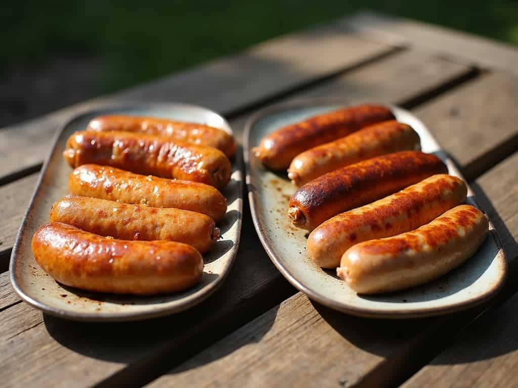 “Plates of grilled chicken sausage and turkey sausage arranged on a wooden table outdoors”.