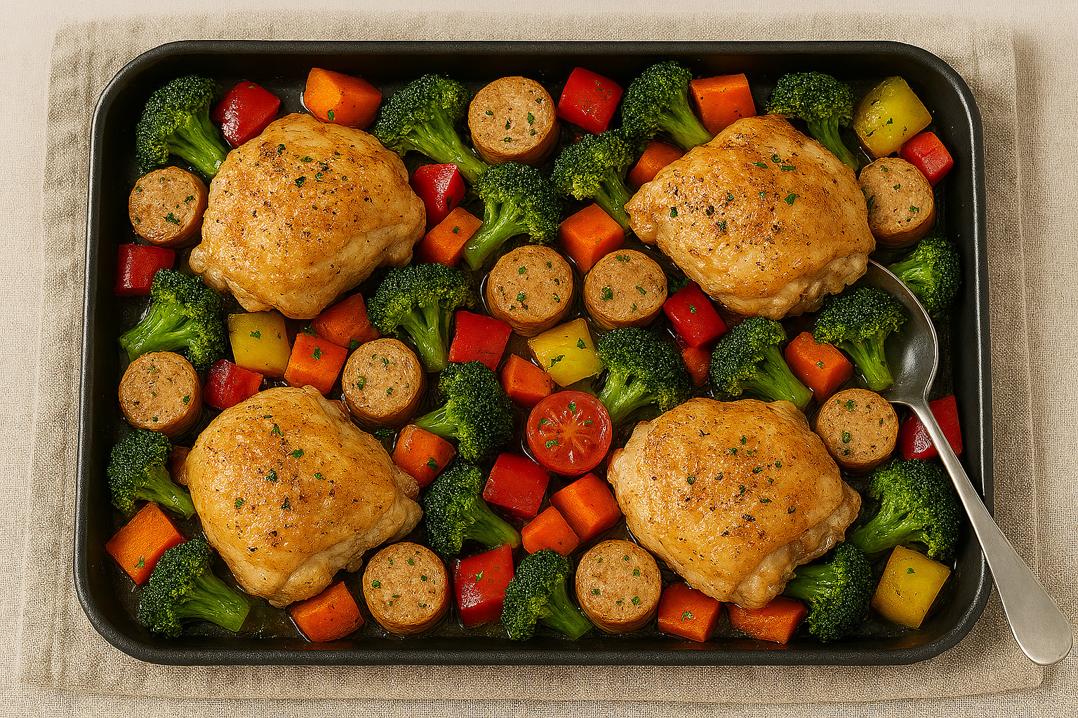 Baked chicken thighs and sausage with vegetables in rustic pan, golden and savory.