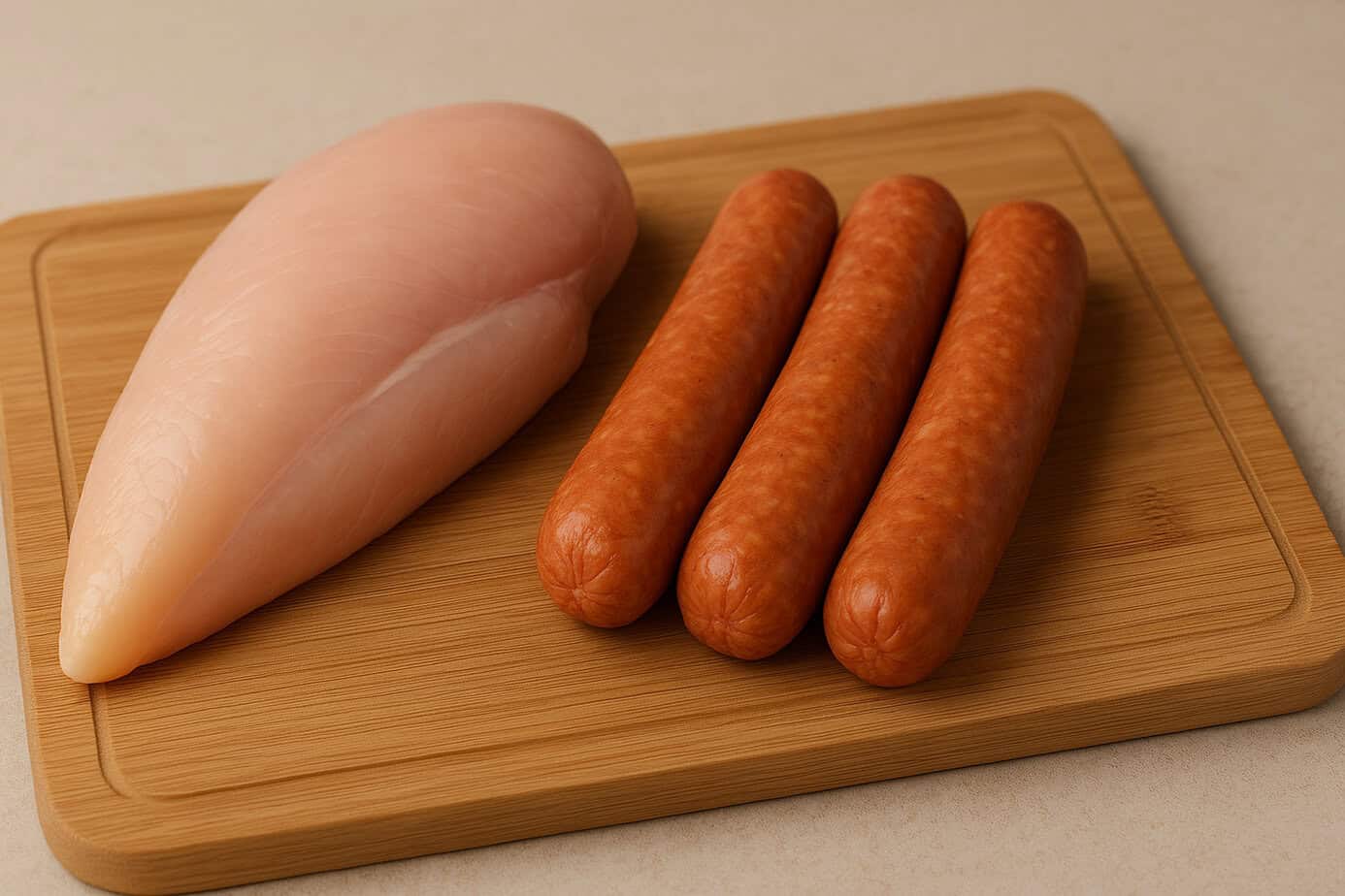 Cooked chicken meat and sausage on wood with a carving knife.