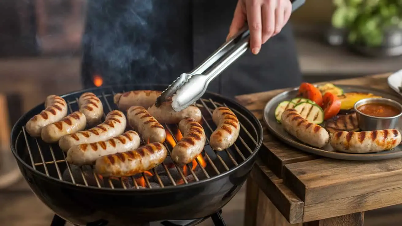 Grilled chicken sausages sizzling on a barbecue, accompanied by colorful grilled vegetables, creating a mouthwatering outdoor dining experience. 