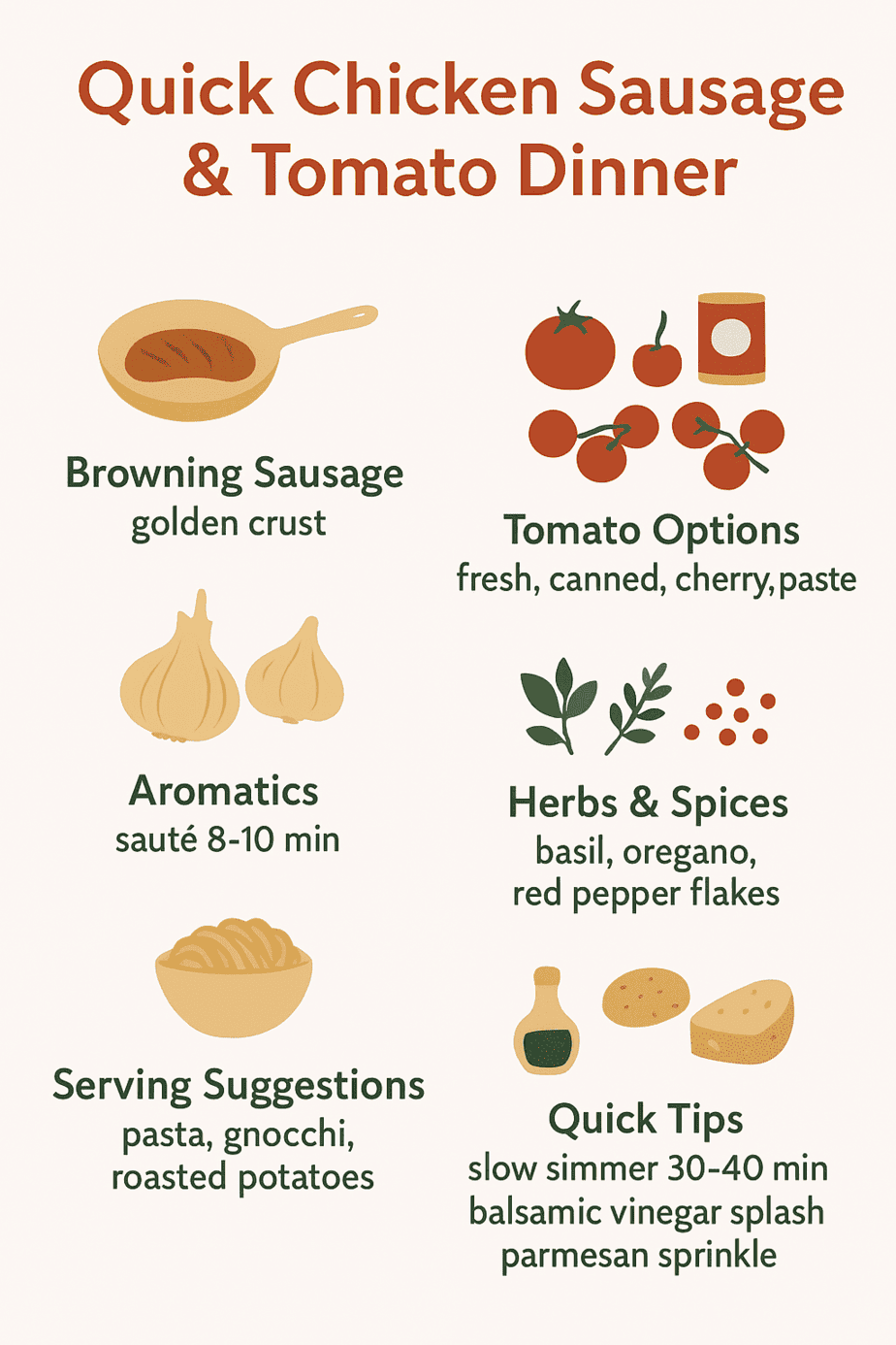Infographic detailing a recipe for Quick Chicken Sausage & Tomato Dinner, featuring icons for browning sausage, tomato options, herbs, serving suggestions, and cooking tips