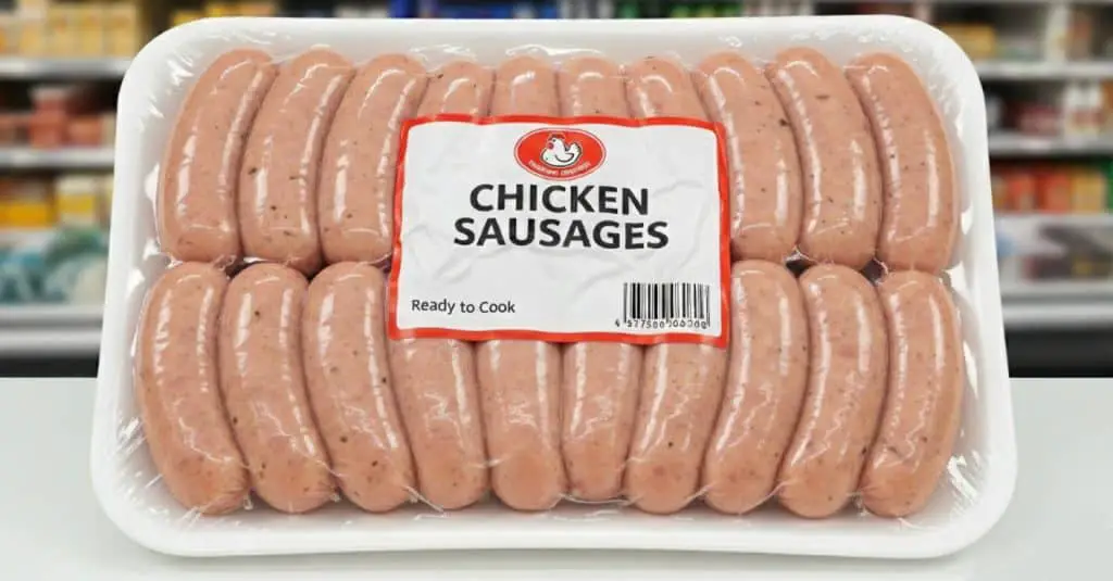 Rows of identically shaped chicken sausages in sealed plastic packaging, with a label indicating they are pre-processed and ready to cook.
