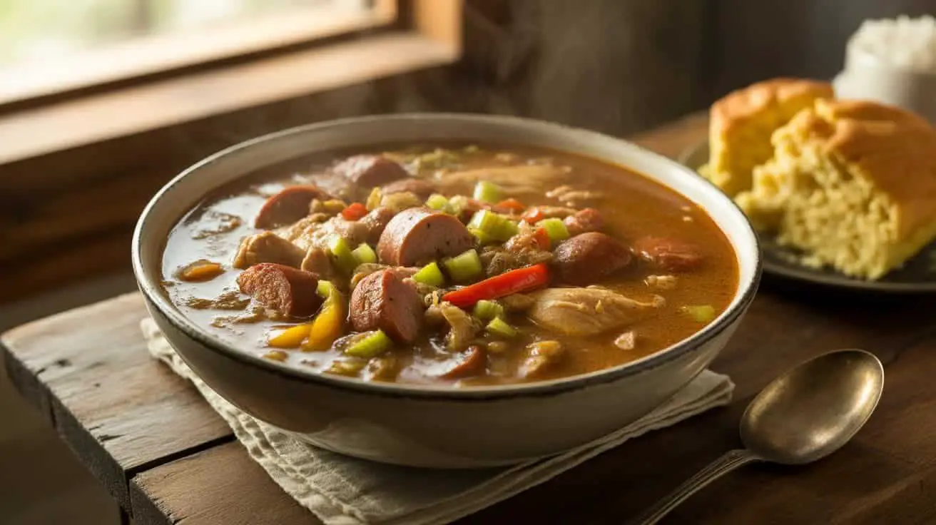 Steaming bowl of chicken and sausage gumbo, served with cornbread, on a rustic wooden table.
