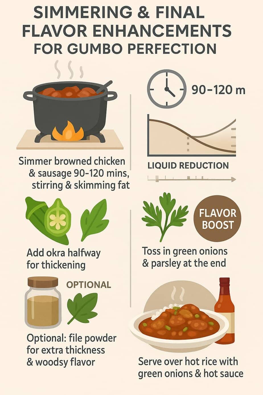 Infographic detailing the simmering and final flavor enhancements for making the perfect gumbo, including cooking chicken and sausage, adding okra, and garnishing with green onions and parsley.
