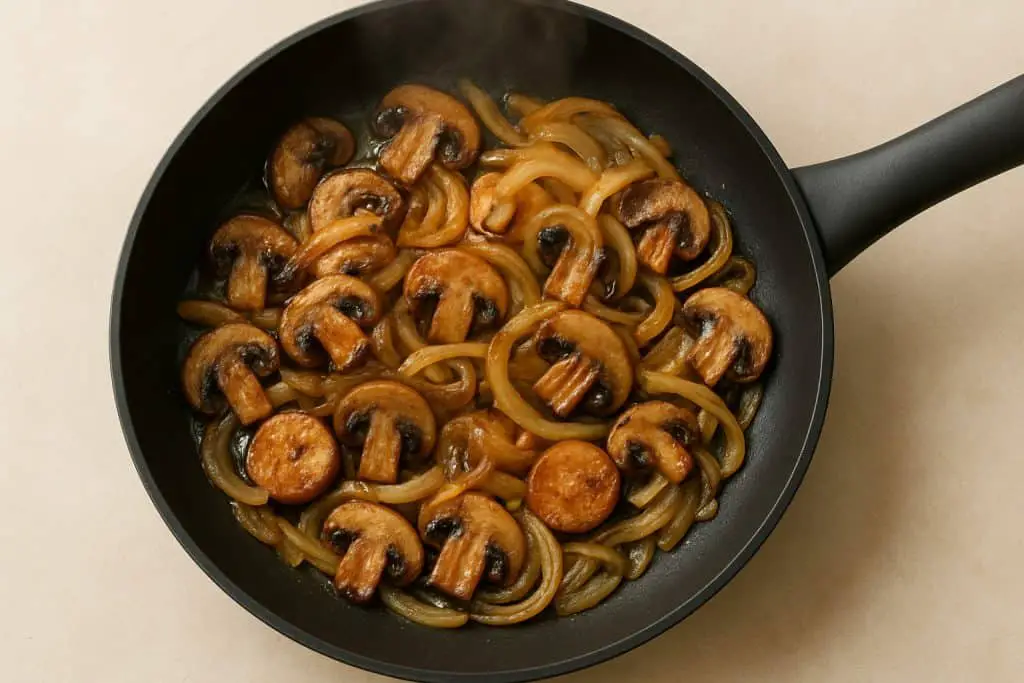 Tempting mixture of sautéed mushrooms and onions, key components of a delectable Chicken Sausage Mushroom Recipe.