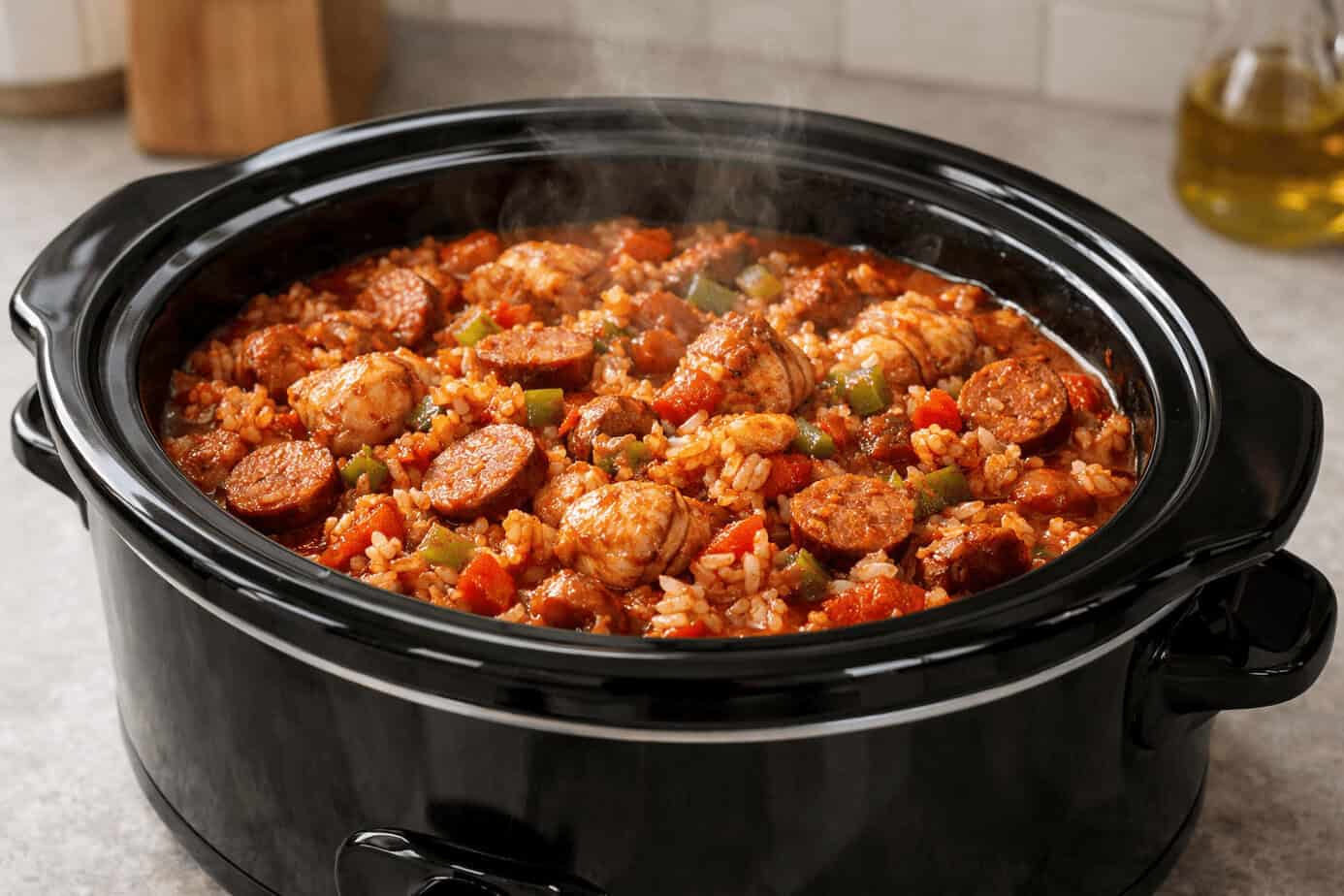 Busy Day? Try Chicken Sausage Jambalaya in a Slow Cooker 1 Sizzling chicken and sausage jambalaya simmering in a black instant pot, ready to be savored.