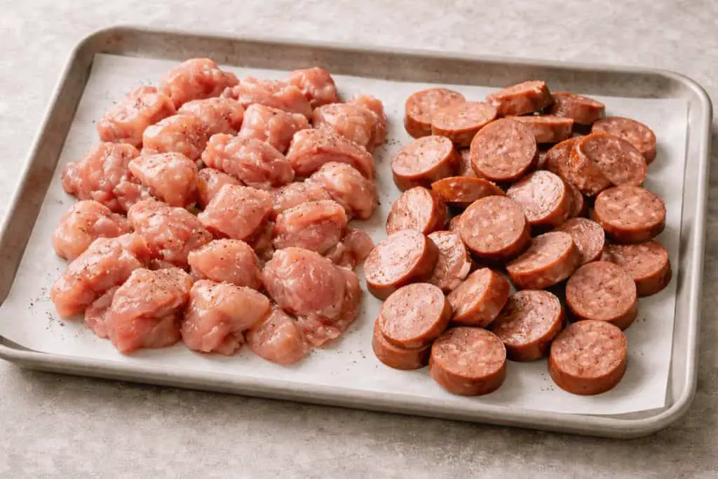 Chicken sausage jambalaya in a slow cooker]: Raw chicken and sausage slices on a baking tray, ready for cooking