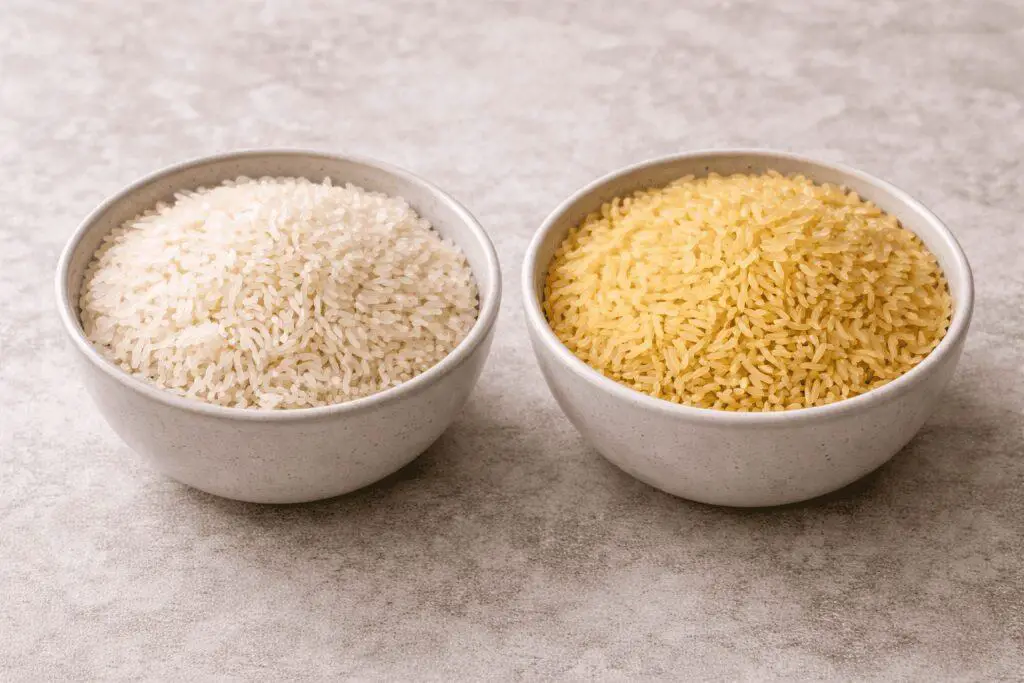 Busy Day? Try Chicken Sausage Jambalaya in a Slow Cooker 4 mall bowls of uncooked long-grain white rice and parboiled rice placed side by side on a clean kitchen surface, showing clear grain texture under soft natural lighting.