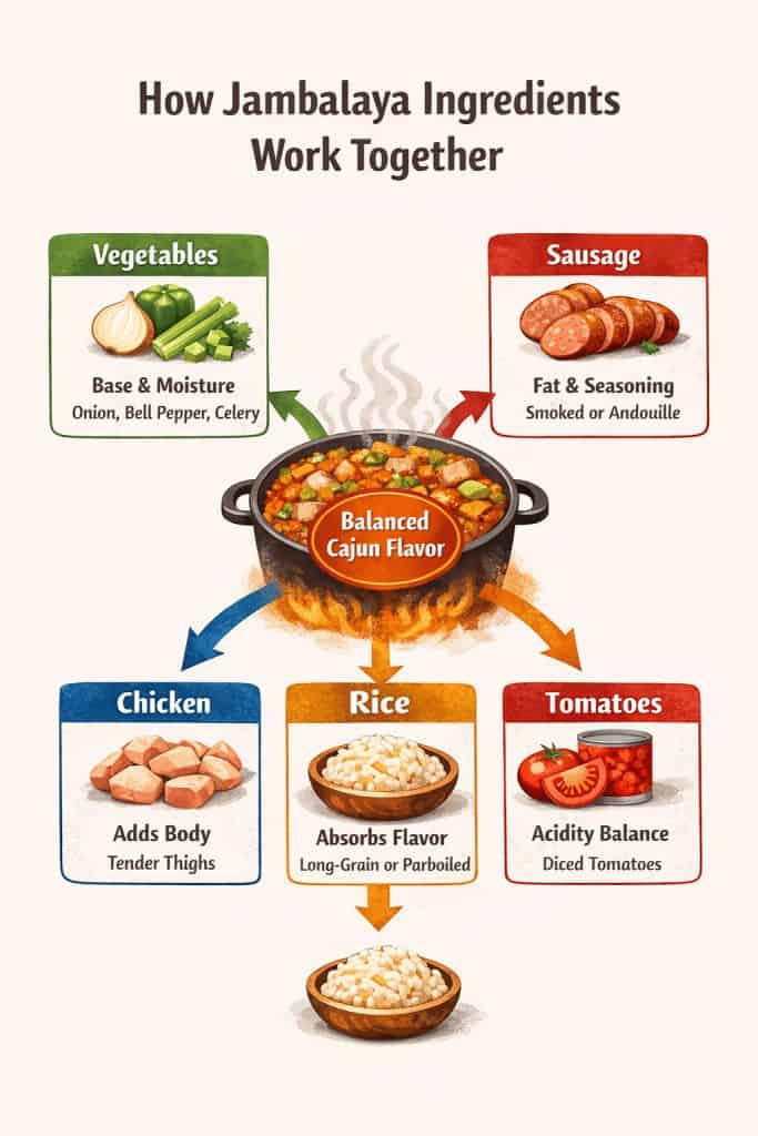 Busy Day? Try Chicken Sausage Jambalaya in a Slow Cooker 5 Vertical infographic explaining how chicken sausage jambalaya ingredients combine in a slow cooker to create a balanced Cajun one-pot meal.