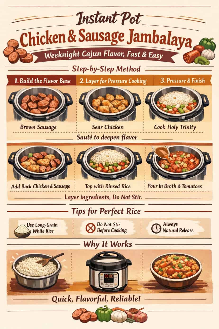 image Step-by-step Instant Pot jambalaya infographic with chicken, smoked sausage, Cajun seasoning, rice layering method, pressure cooking, and natural release for fluffy, non-mushy rice.