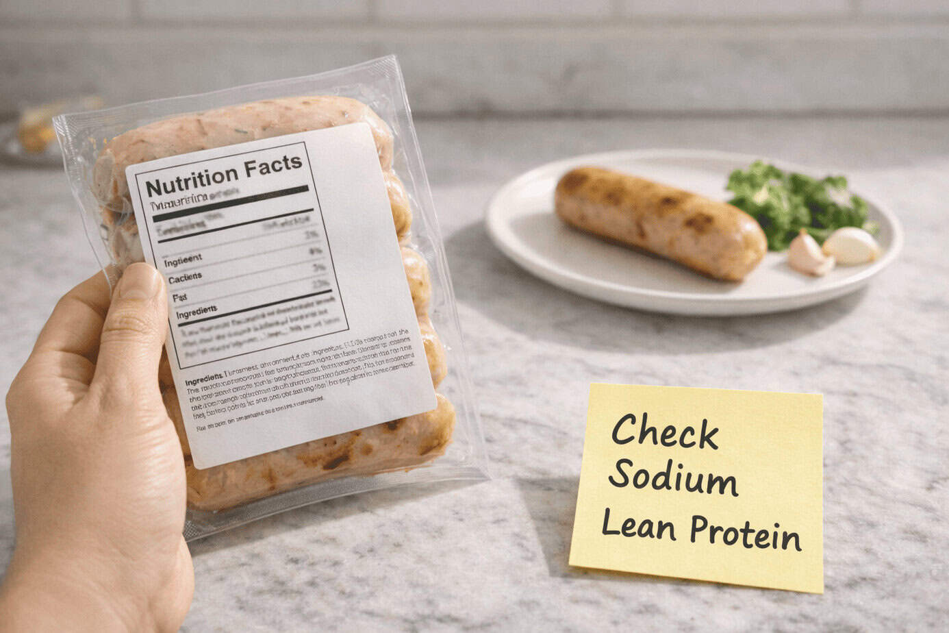 Nutrition facts label on chicken sausage package with a note to check sodium and lean protein.

