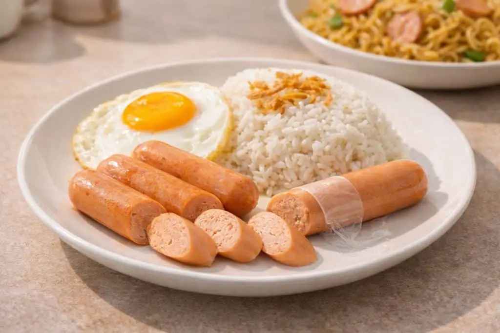 Preparing [champ chicken sausage] - raw sausages boiling in a pot and cooking in a pan.
