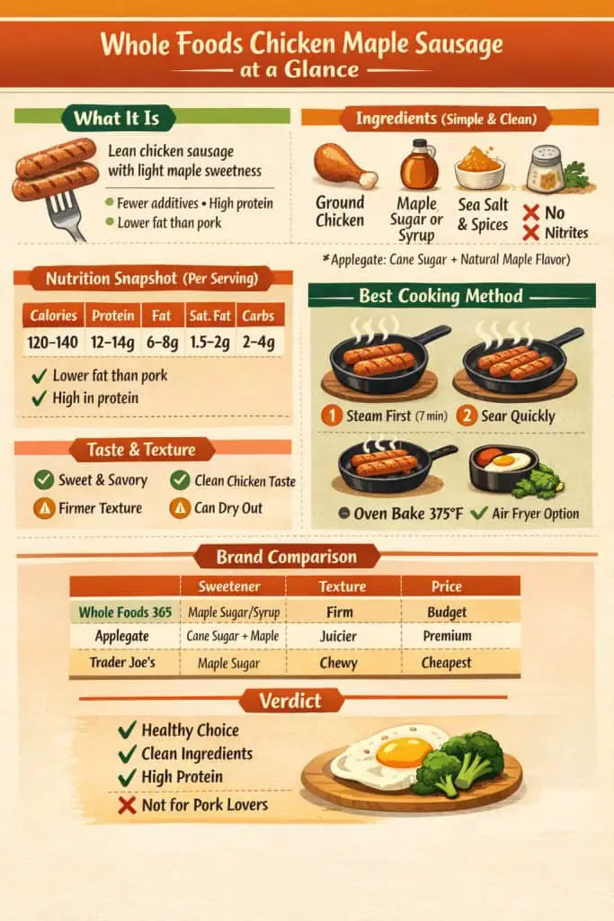 [Chicken Maple Sausage] Infographic highlighting the key details of Whole Foods' Chicken Maple Sausage, from nutritional values to cooking techniques.