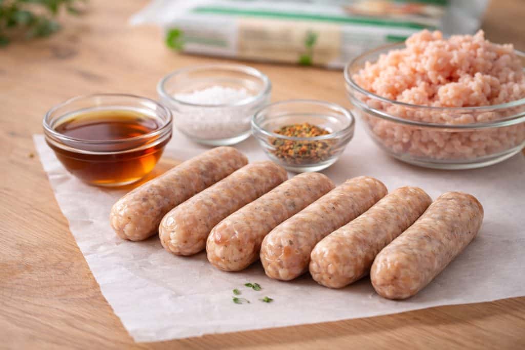 An array of [Whole Foods chicken maple sausages] arranged on a wooden surface, accompanied by various seasonings and condiments