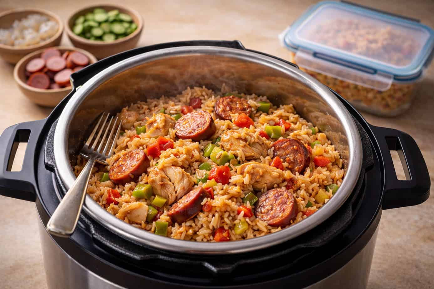 image Instant Pot chicken and sausage jambalaya with fluffy long-grain rice, andouille sausage, chicken pieces, and vegetables.