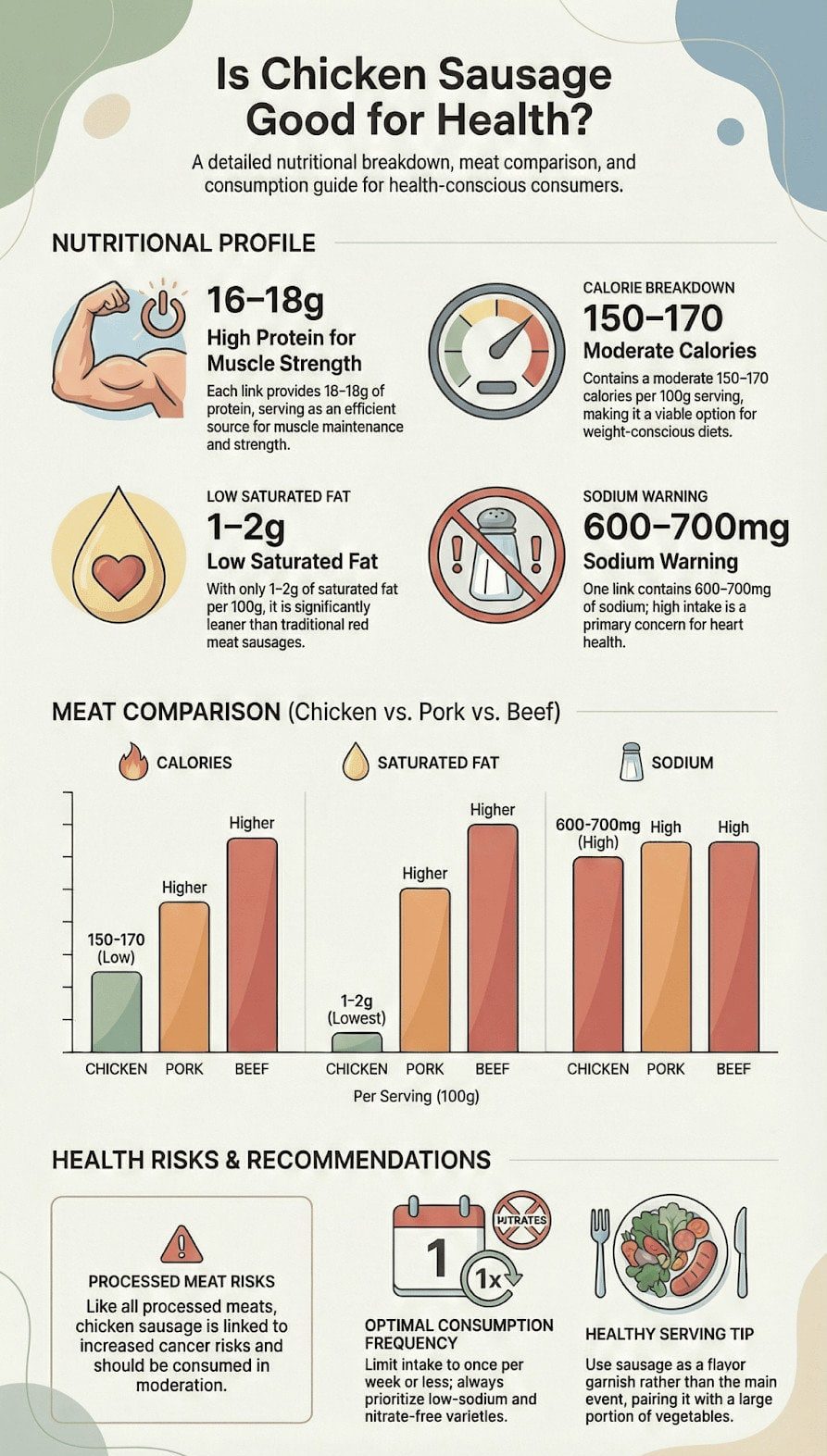 Detailed breakdown of chicken sausage's nutritional profile, meat comparison, and health recommendations.