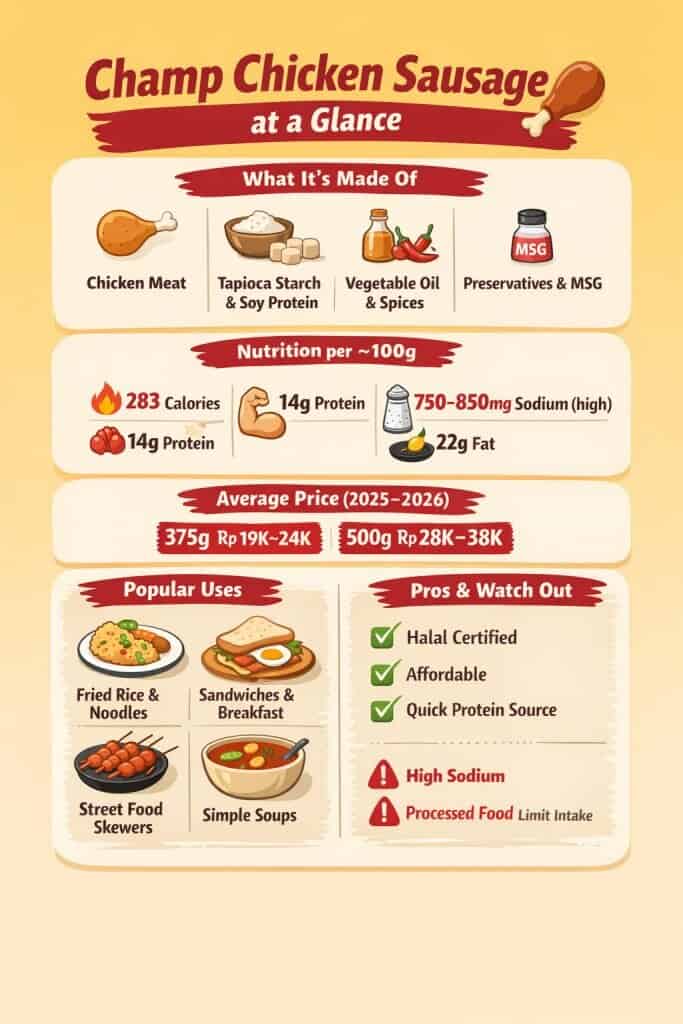  Informative infographic showcasing the key details about the [champ chicken sausage] product.
