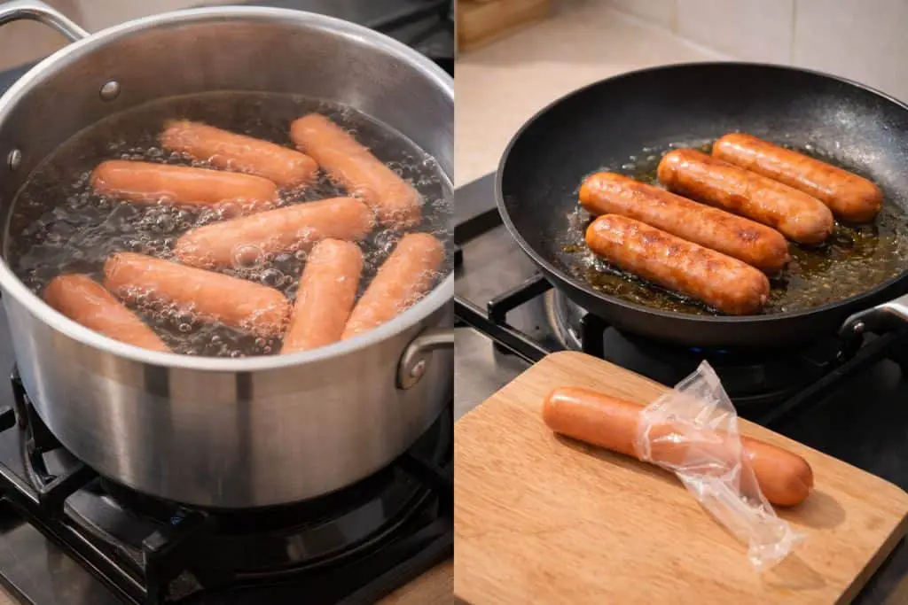 Preparing [champ chicken sausage] - raw sausages boiling in a pot and cooking in a pan.