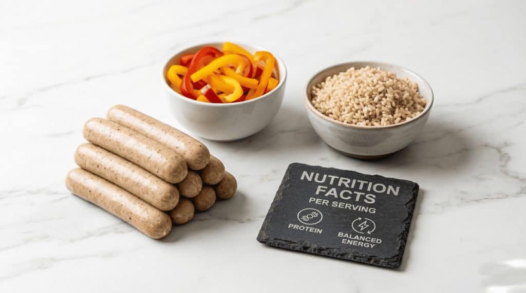 Cooked chicken sausages with bell peppers, rice, and a nutrition facts card on a white surface.