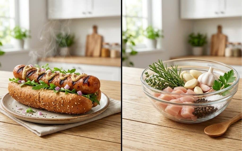 Delicious grilled chicken hot dog with fresh vegetables on a sesame bun.