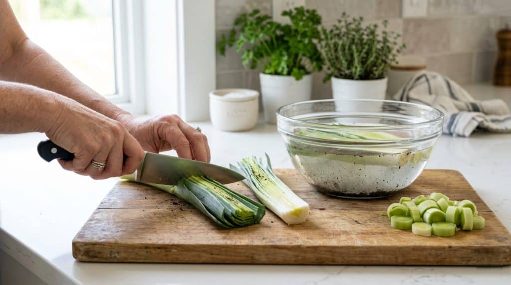 A Better Chicken Sausage and Leek Pasta Guide 3 Alt : Fresh leeks being sliced and soaked in water, key ingredients for chicken sausage and leek pasta preparation.