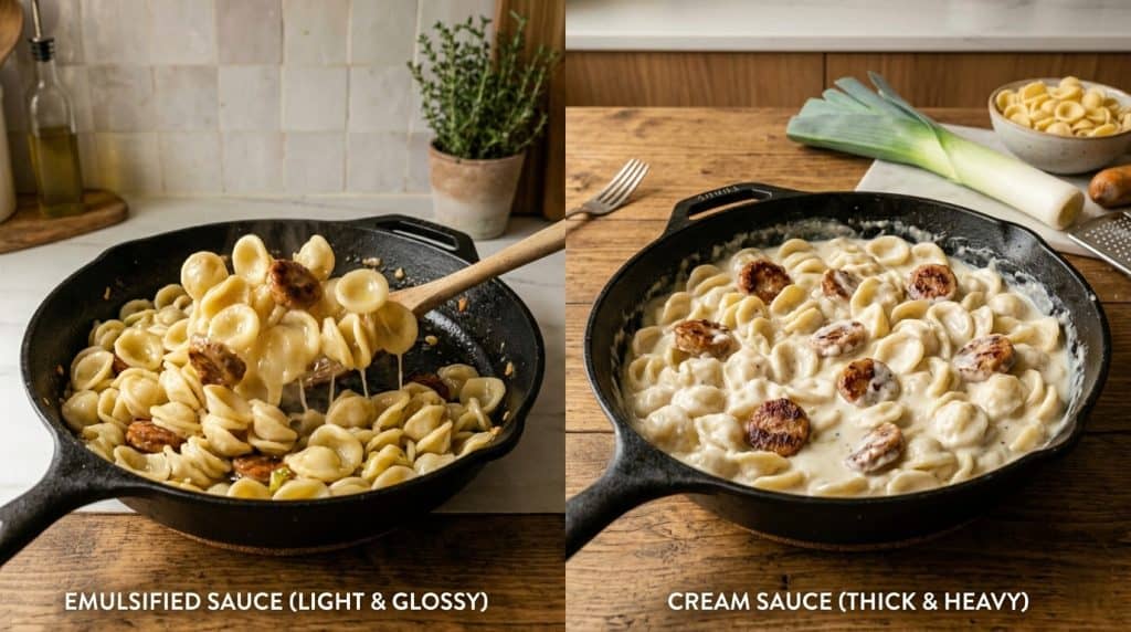 A Better Chicken Sausage and Leek Pasta Guide 4 Alt : Chicken sausage and leek pasta shown as emulsified glossy sauce versus thick cream sauce in a cast iron skillet.