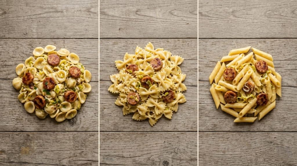 A Better Chicken Sausage and Leek Pasta Guide 5 Alt : Chicken sausage and leek pasta served three ways with orecchiette, farfalle, and penne on a wooden surface.