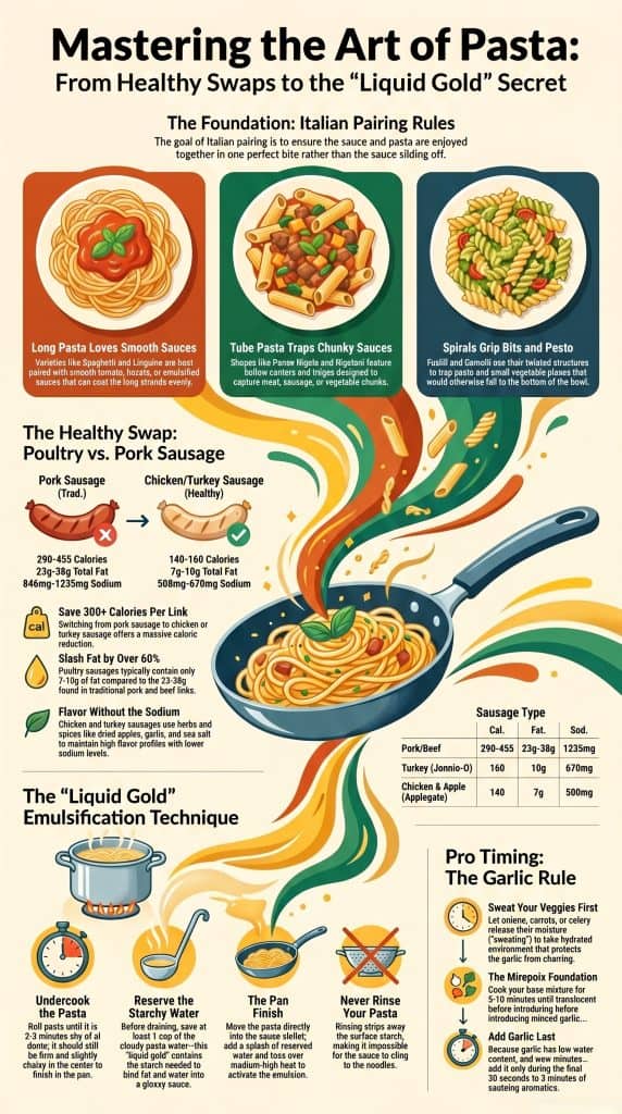 A Better Chicken Sausage and Leek Pasta Guide 2 Alt : Infographic on mastering chicken sausage and leek pasta covering pairing rules, healthy swaps, and sauce techniques.