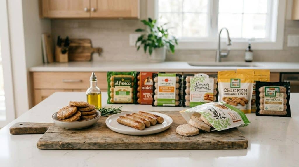 Alt : Does Walmart sell chicken sausage from brands like Applegate, Aidells, and Jones? Yes multiple varieties shown on a kitchen counter. 
