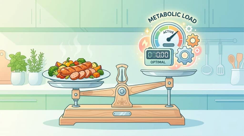 Balance scale showing how a plate of roasted vegetables and chicken sausage good for diabetics manages metabolic load. 