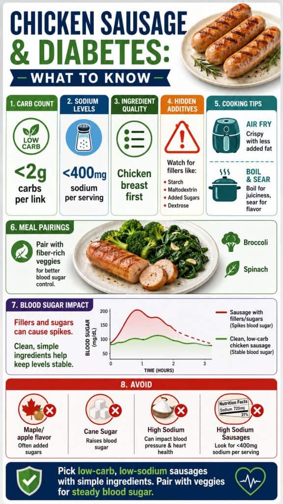 Nutritional guide and meal pairing tips that explain why low-carb chicken sausage good for diabetics. 