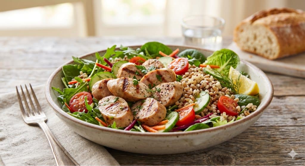 sliced chicken sausage served with fresh salad and grains