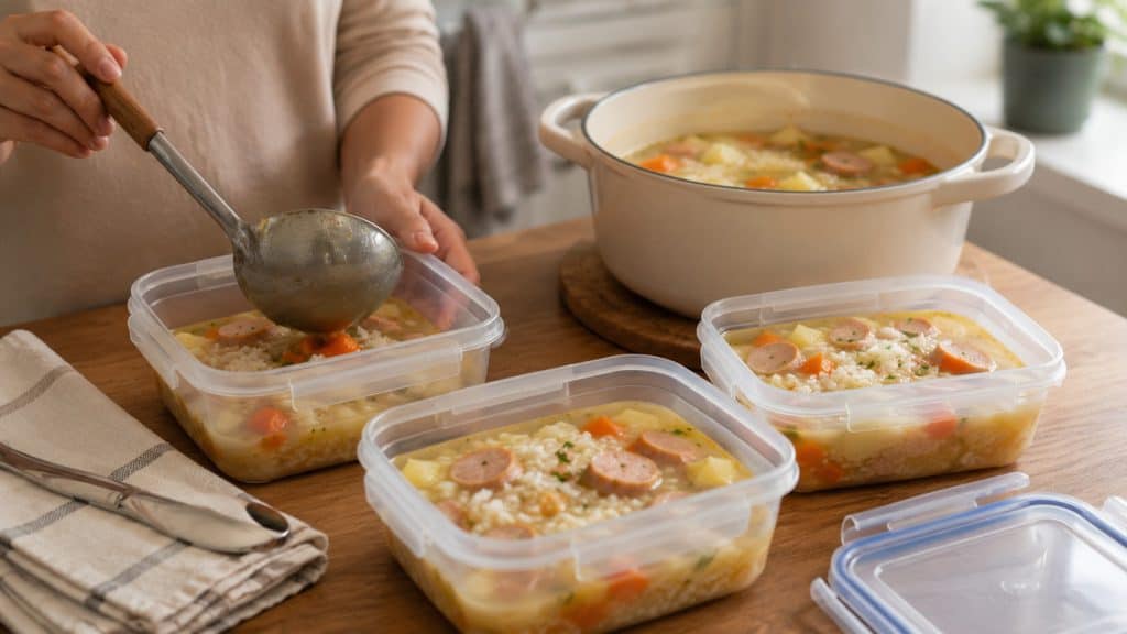 A steaming bowl of Chicken Sausage and Rice Soup garnished fresh, perfect for a hearty homemade family meal.