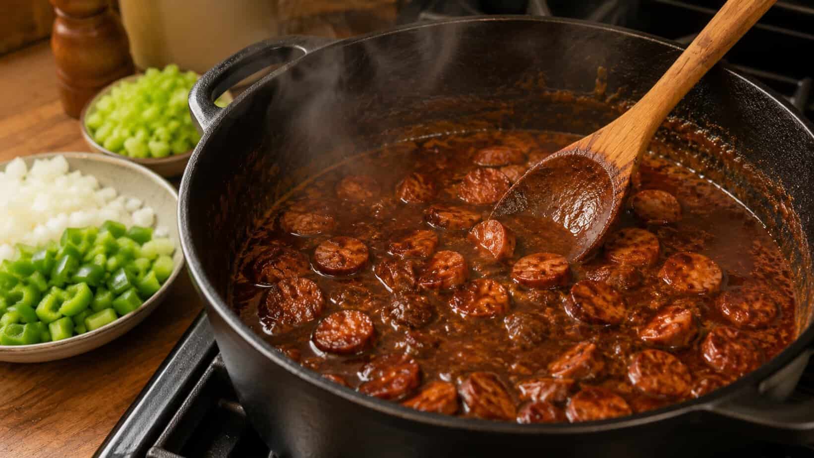 How do you make chicken sausage gumbo with sliced sausage simmering in a deep brown roux