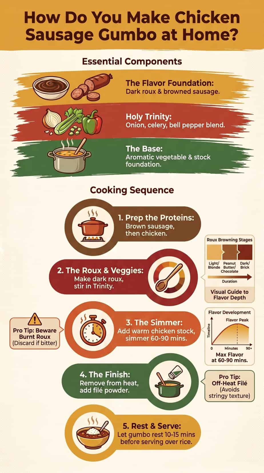 How do you make chicken sausage gumbo, shown step by step from roux to simmering to serving