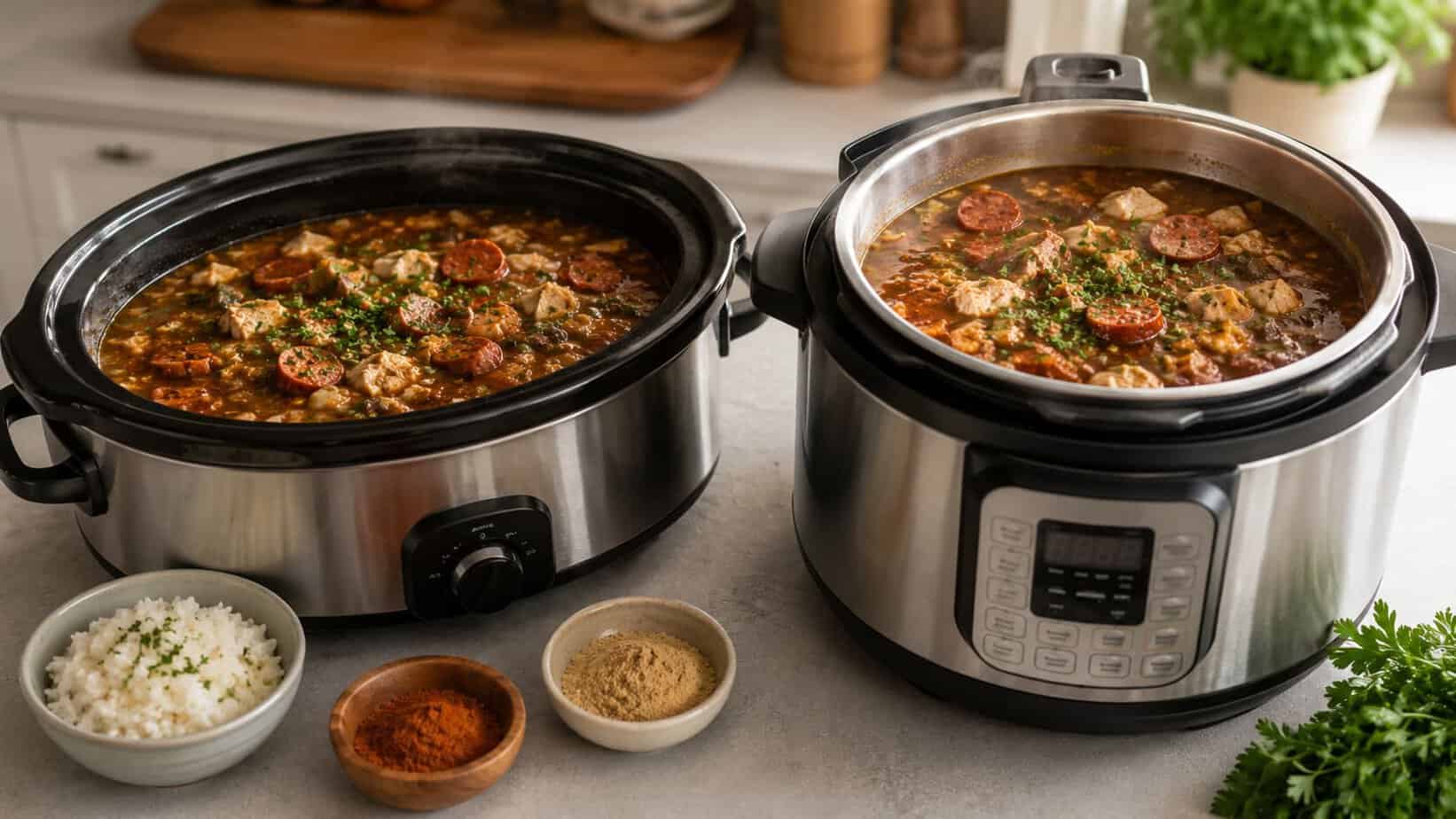 How do you make chicken sausage gumbo using a slow cooker versus an electric pressure cooker
