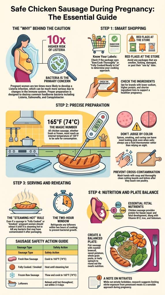 Chicken sausage pregnancy safety infographic showing shopping, cooking, and serving guidelines 