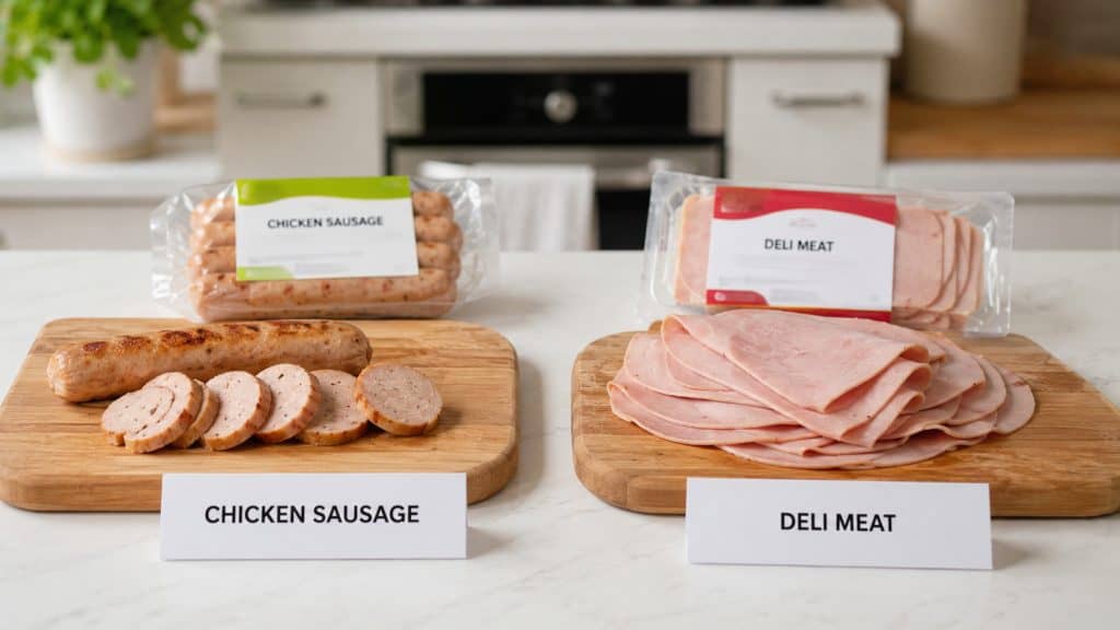 Woman checking nutrition label on chicken sausage pregnancy safe grocery pack in supermarket aisle 