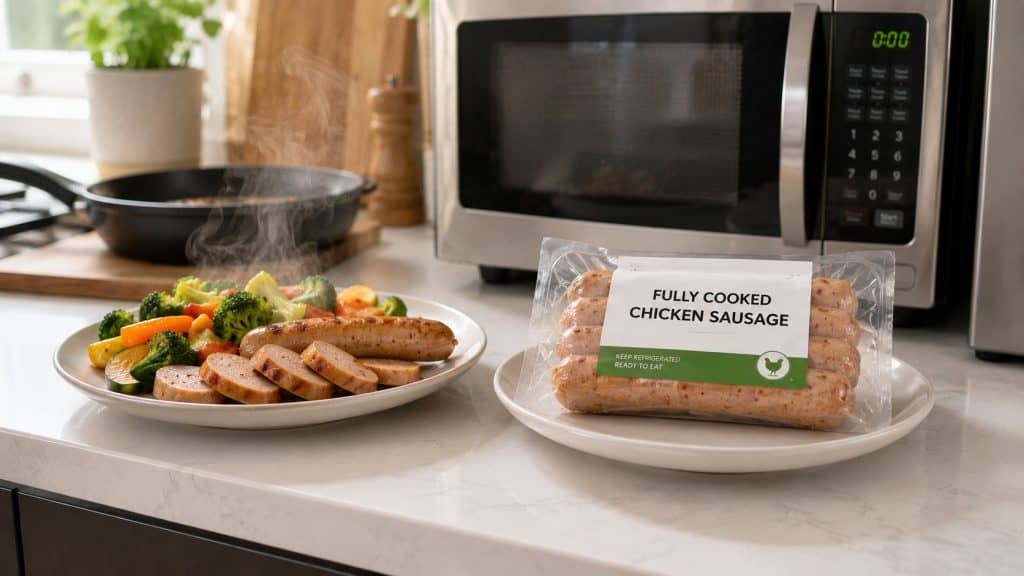 Chicken sausage pregnancy meal plated with roasted vegetables beside kitchen microwave 