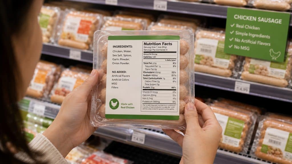 Chicken sausage pregnancy comparison with deli meat slices on wooden cutting boards 