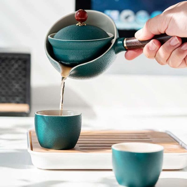 Ceramic Gongfu Kung Fu Tea Set Cup Filter Teapot With Wooden Handle Side-handle Automatic Spinning Pot Travel Outdoor Teaware - Image 4