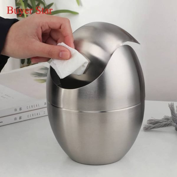 Gold Mini Metal Waste Bin Desktop Garbage Basket Egg-shaped stainless steel trash can with removable Swing lid Dustbin Basket - Image 2