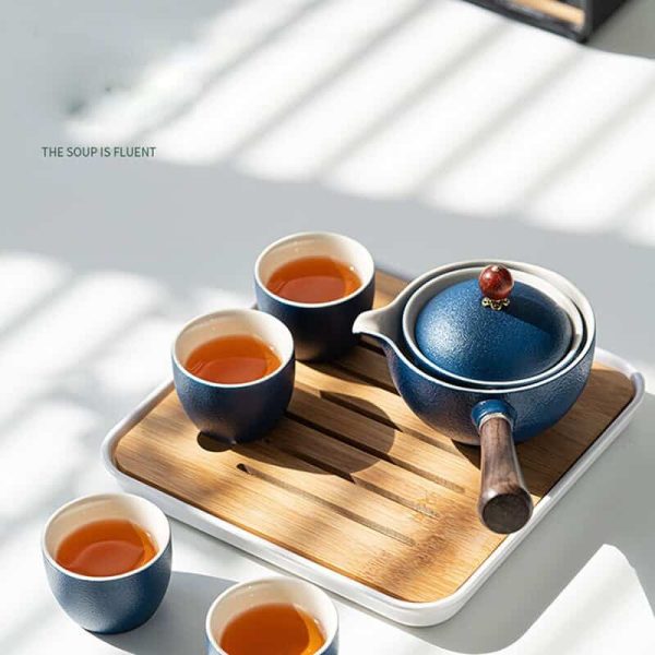 Ceramic Gongfu Kung Fu Tea Set Cup Filter Teapot With Wooden Handle Side-handle Automatic Spinning Pot Travel Outdoor Teaware - Image 6